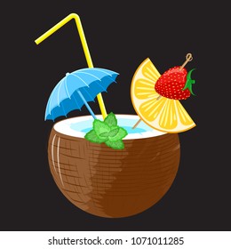 coconut Pina colada cocktail with strawberry and orange canapÃ© decorated with mint leaves, with umbrella and straw on a black background. Vector.