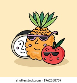 coconut pineapple and apple tropical fruit cool glasses hand drawing vector
