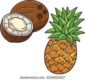 Coconut and Pineapple Cartoon Colored Clipart 