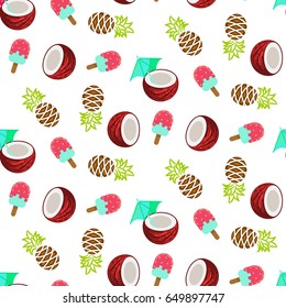 Coconut, pineapple and ice cream seamless vector on white texture. Tropical resort pattern background.