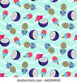 Coconut, pineapple and ice cream seamless vector on wavy blue texture. Tropical resort pattern background for bar party flyer.