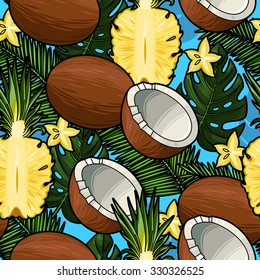 Coconut, pineapple and palm leaves seamless vector background