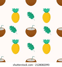 Coconut and pineapple pattern for use in web design. Vector image on a light background for use in textile design
