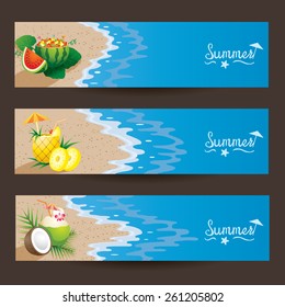 Coconut Pineapple Watermelon Fruit and Cocktail on the Beach Banner