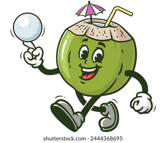 Coconut playing ice ball or snowball cartoon mascot illustration character vector clip art hand drawn