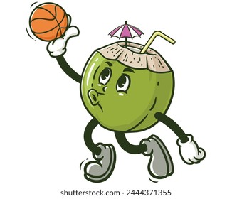 Coconut playing slam dunk basketball cartoon mascot illustration character vector clip art hand drawn