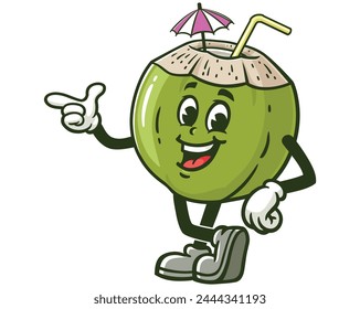 Coconut with pointing finger cartoon mascot illustration character vector clip art hand drawn
