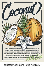Coconut poster. Summer exoic fruit and nuts with palm leaves design