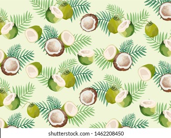 Coconut Print with leaves, Beige Background