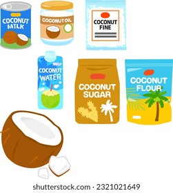 Coconut processed foods illustration set