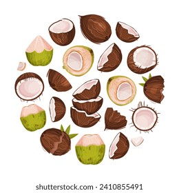 Coconut Product Round Composition Design with Organic Plant Vector Template