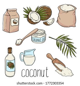 coco y productos a base de él. conjunto de esbozos de color sobre un fondo blanco