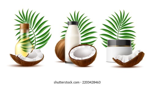 Coconut products compositions. Realistic oil in transparent glass bottle, cream in plastic jar with lid and milk, palm leaves, pieces and halves of nuts, 3d isolated elements. Utter vector set