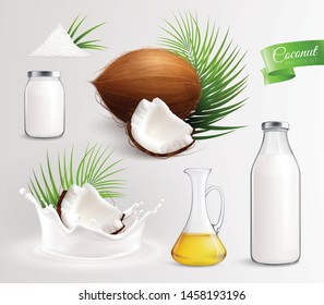 Coconut products set with realistic images of coconut fruits leaves oil and milk in glass bottles vector illustration