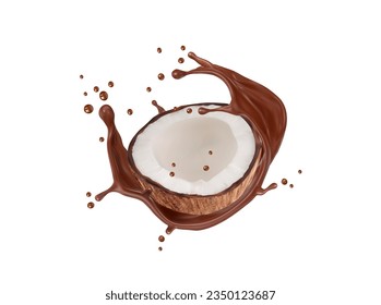 Coconut and realistic chocolate milk splash wave swirl. 3d vector coco nut half with white flesh and brown liquid splashing and drops. Isolated tropical plant with sweet melt cocoa, natural product