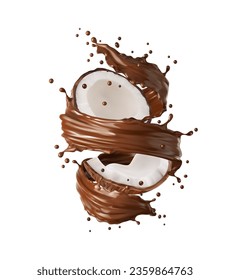 Coconut, realistic chocolate milk tornado swirl splash, realistic vector for candy sweets or dessert. Coconut nut cracked in milky chocolate twirl wave or spiral swirl with drops splash in motion