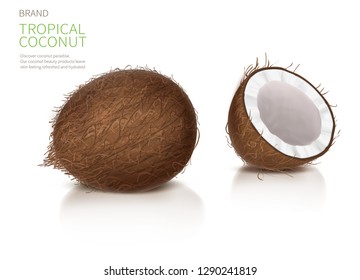 Coconut realistic vector illustration, whole and half broken coco nut with reflection, isolated on white background, and brand label. Set for packaging natural food and organic cosmetics.