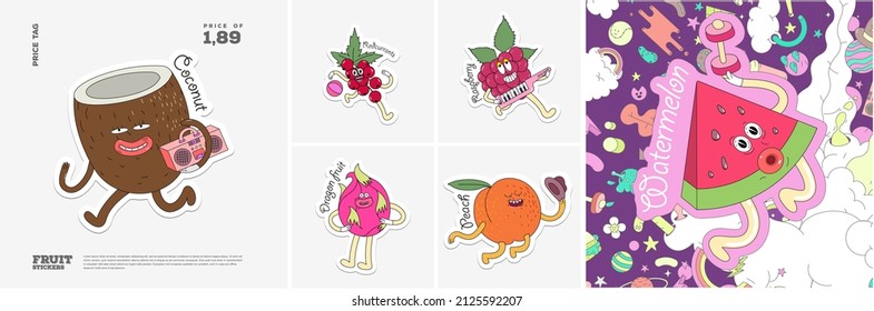 Coconut, Red currants, Raspberry, Dragon fruit, Peach, Watermelon. Fruit. Set of vector stickers. Funny characters in doodle style. Hand-drawn cartoon icons with stroke.