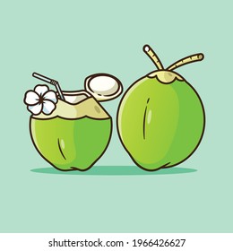 coconut refreshing summer drink,Green Shell Decorated with white flower,Suitable for summer, vector design and isolated backgrounds.