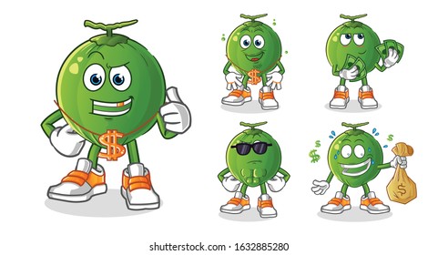 coconut rich man 5 styles cartoon.  including holding money, gold necklaces, money bags, sunglasses. cartoon mascot vector