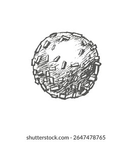 Coconut round candy with crispy shell. Graphics illustration. Sweetness for New Year's and Christmas packaging, compositions, boxes with sweets.