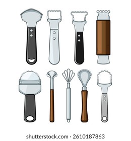 coconut scraper tool set cartoon. utensil grater, shredder manual, stainless steel coconut scraper tool sign. isolated symbol vector illustration