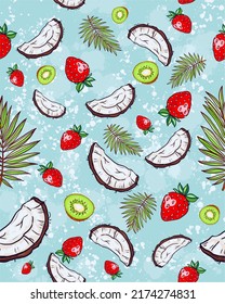 Coconut seamless background, summer fruit hand drawn illustration with coconuts, leaves, fruits and berries, vector, print for fabric