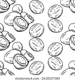 Coconut seamless pattern in black and white vector line drawing
