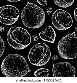 Coconut seamless pattern. Coconut design template. Hand drawn vector. Food illustration Engraved style. Vector botanical illustration, tropical background.