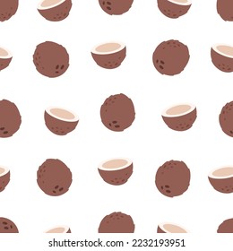 Coconut seamless pattern. Exotic and tropical fruit seamless pattern. Healthy food. Flat, hand drawn texture for wallpaper, textile, fabric, paper. Hand drawn vector illustration
