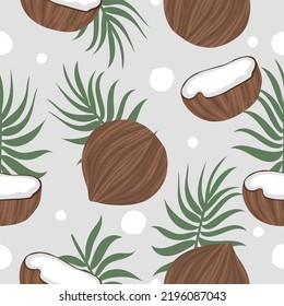 Coconut seamless pattern with green palm leaves. Whole and half nut. Gray background. Vector texture. Print. 