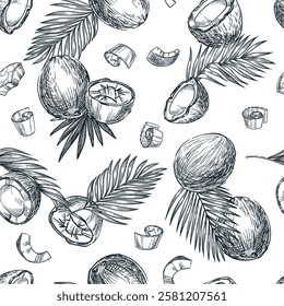 Coconut seamless pattern. Hand drawn sketch vector illustration of broken coco nuts and palm leaves. Food vegetarian organic products. Fabric design, wrapping paper, textile print