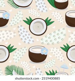 Coconut seamless pattern, nuts with palm leaves, flowers, milk and memphis style elements, vector colorful endless background
