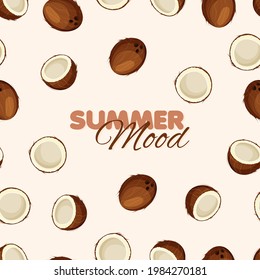 Coconut seamless pattern. Summer banner concept. Beige background. Vector illustration.