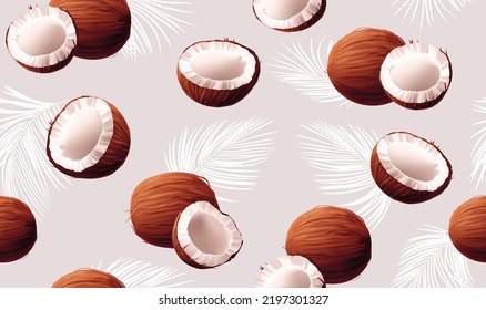 Coconut seamless pattern, summer paradise print. Coco oil and milk packaging background, tropical beach palm leaves. Decor textile, wrapping paper, wallpaper design. Vector illustration