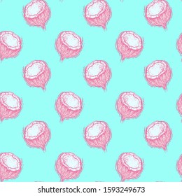 Coconut seamless pattern. Vector drawing. Isolated pink coconut sketch. Tropical fruit engraved style background. Great for packaging design, tea or juice label