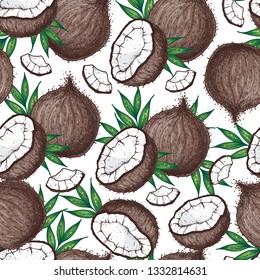 Coconut seamless pattern. Vintage design. Hand drawn vector illustration. Coconut and palm leaves. Packaging design.