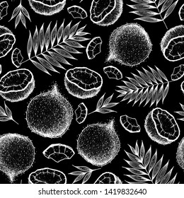 Coconut seamless pattern. Vintage design. Hand drawn vector illustration. Coconut and palm leaves. Packaging design. 
