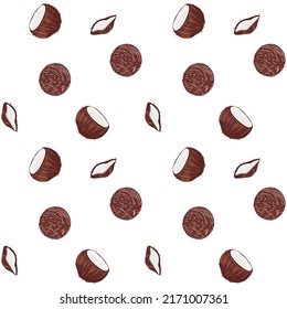 Coconut seamless pattern with white background. Vector pattern.