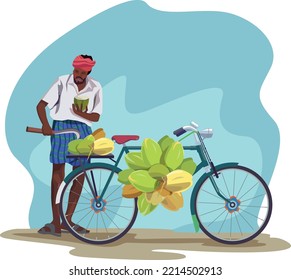 Coconut seller on bicycle - illustration