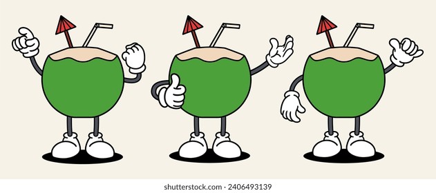 Coconut set mascot of 70s groovy. Collection of cartoon,retro, groovy characters. Vector illustration.