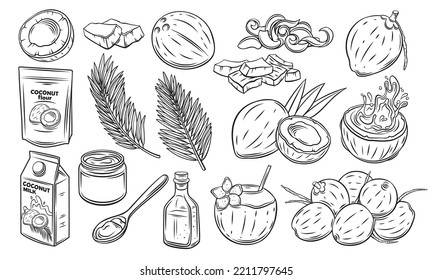 Coconut set, outline icon vector illustration. Hand drawn black line palm tree leaf from summer beach, whole tropical fruit and cut into slices, exotic cocktail, coconut milk and oil for cooking