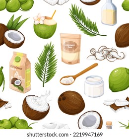 Ilustración vectorial de patrón sin fisuras de conjuntos de coco. Caricatura aislada de frutas tropicales de coco y hojas de palma, patatas fritas y rodajas de coco, aceite y productos lácteos en envases, crema en cuchara y nuez cortada a la mitad