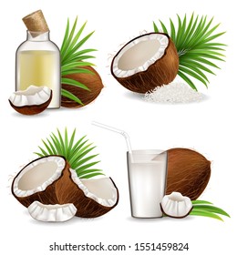 Coconut set, vector illustration isolated on white background. Realistic whole and half coco, coconut pieces, chips, glass of milk, oil bottle, green palm tree leaves. Organic natural dietary product.