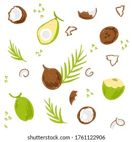 Juego de coco. Ilustración vectorial de coco entero, verde, hojas, coco rallado, concha, carne de coco. Dibujo para diseño