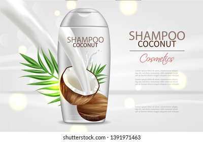 Coconut shampoo Vector realistic. Product packaging mock up. Tropic background coconut milk splash. 3d detailed illustrations