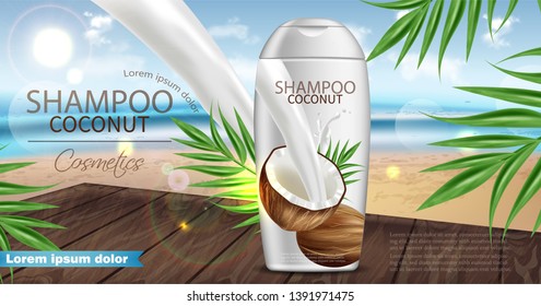 Coconut shampoo Vector realistic. Product packaging mock up. Tropic background coconut milk splash. 3d detailed illustrations
