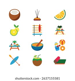 Coconut shell incense lemon drink surfboard picnic bowl and tropical summer items in minimal outline style Line Art Vector illustration