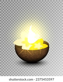 Coconut Shell Krathong vector on transparent background. Krathong natural with Coconut shell decorated flower and candle. Vector illustration.