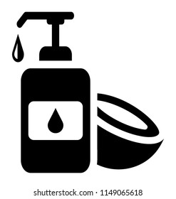 
Coconut Shell Place Near A Bottle With Push Button And Droplet Sticker, Graphic For Coconut Oil Icon 
